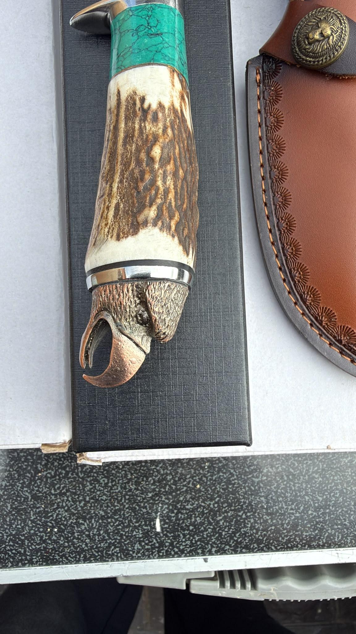 Antler Burl-Handle Hunting Knife with Leather Sheath