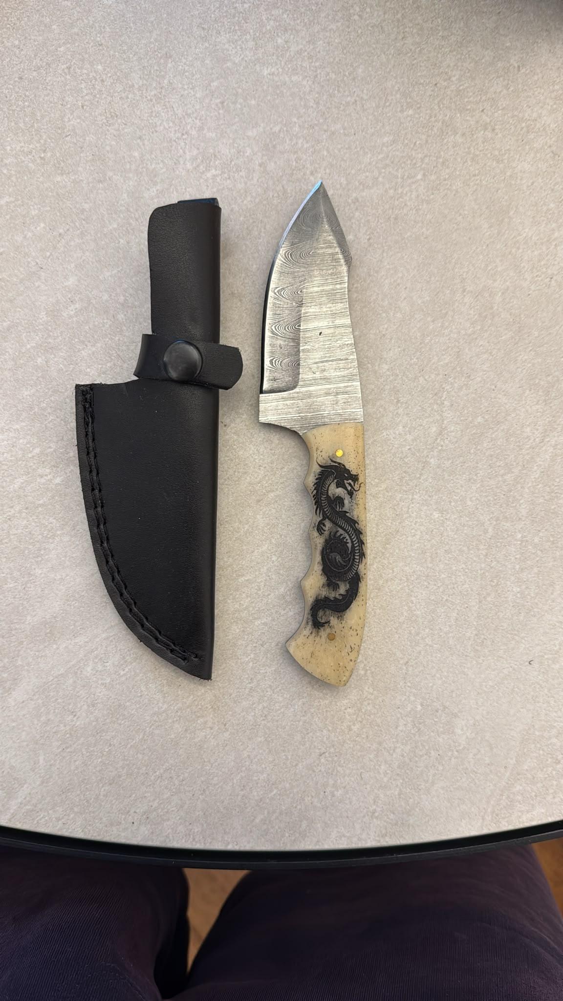 Bone & Cord Handle Fixed-Blade Knife with Sheath