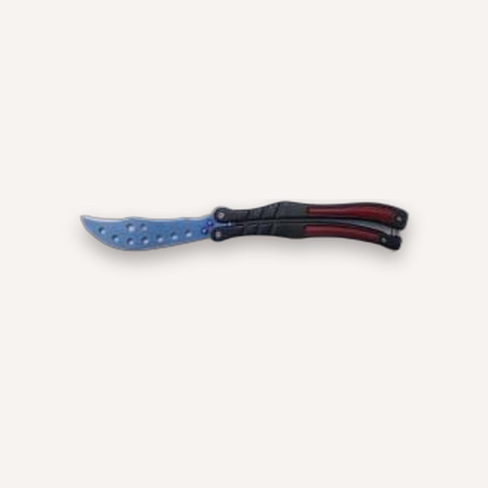 Butterfly Knife — Black Handle, Blue Titanium Blade
