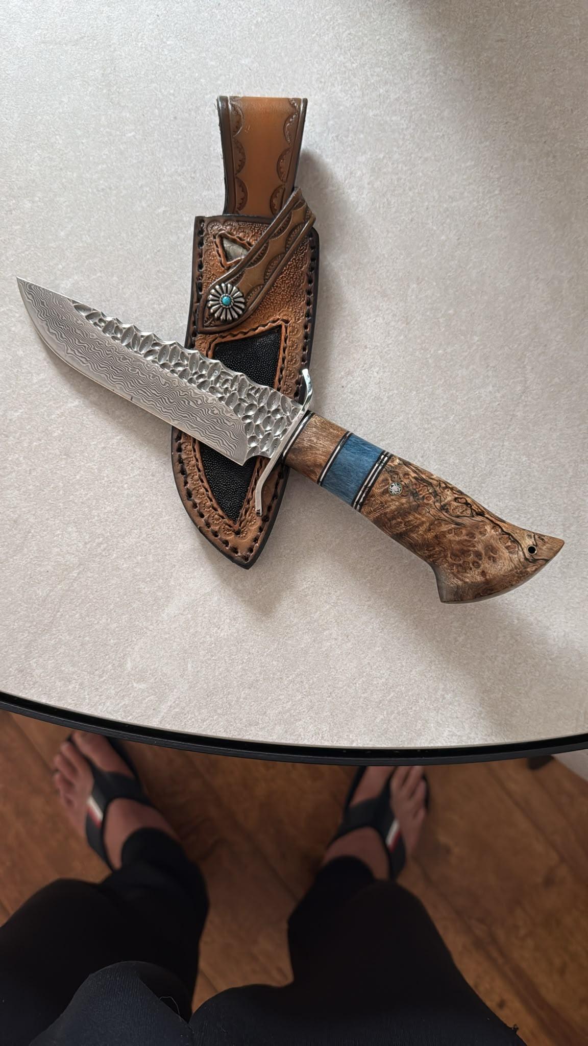 Damascus Hunting Knife with Blue Accent Handle