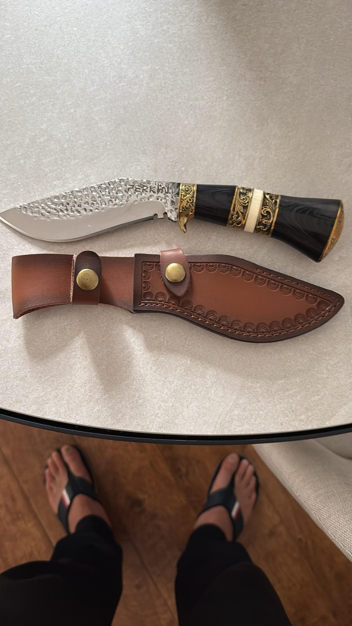 Damascus Bone-Handle Hunting Knife with Brass Rivets