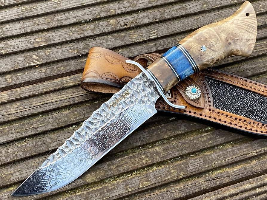 Damascus Burl Wood-Handle Outdoor Knife
