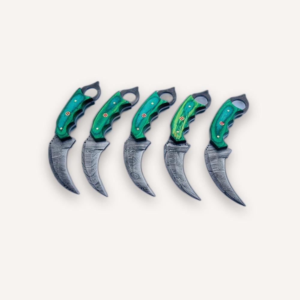 Damascus Karambit Set — Green Pakka Wood (5 Piece)