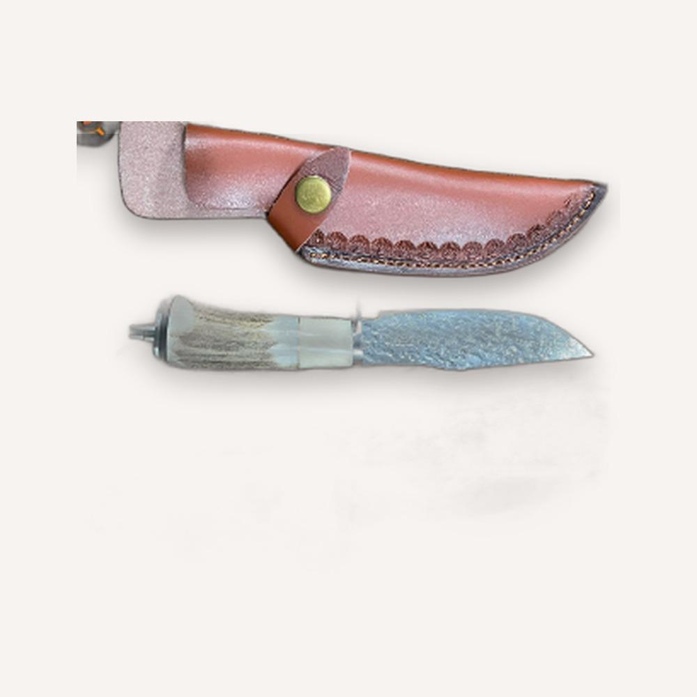 Damascus-Pattern Antler-Handle Fixed-Blade Knife