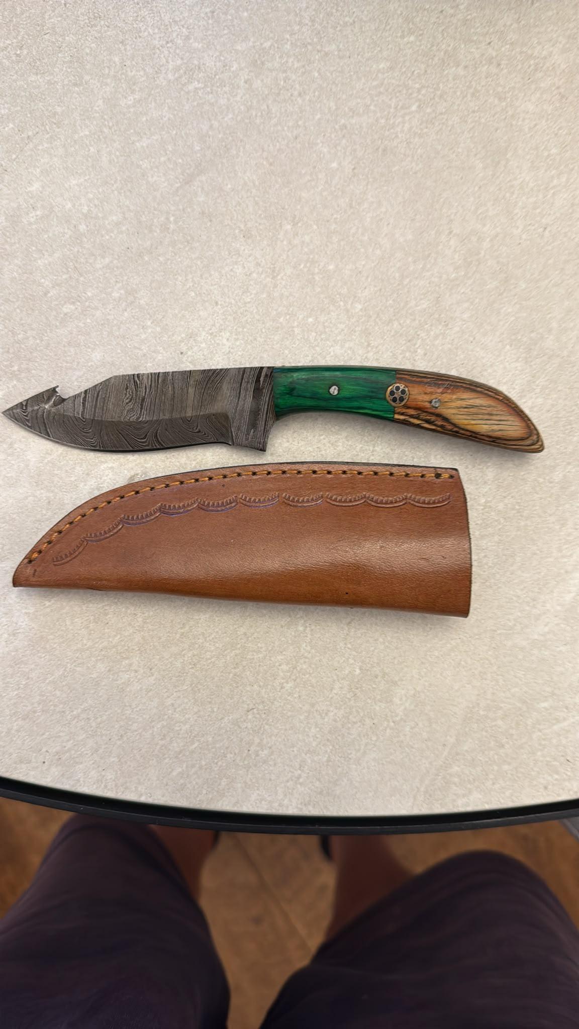 Green Wood-Handle Hunting Knife with Leather Sheath