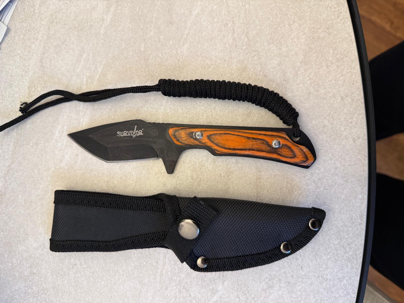 Orange Wood-Handle Bushcraft Knife with Paracord & Sheath