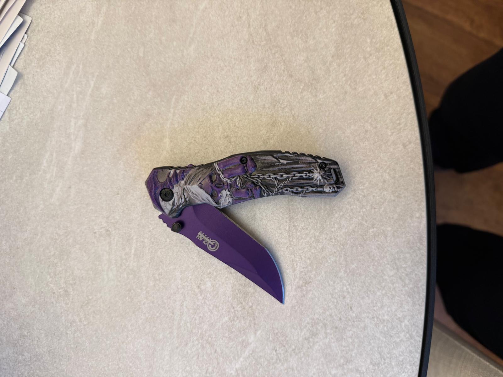 Purple Camo Curved-Blade Folding Knife