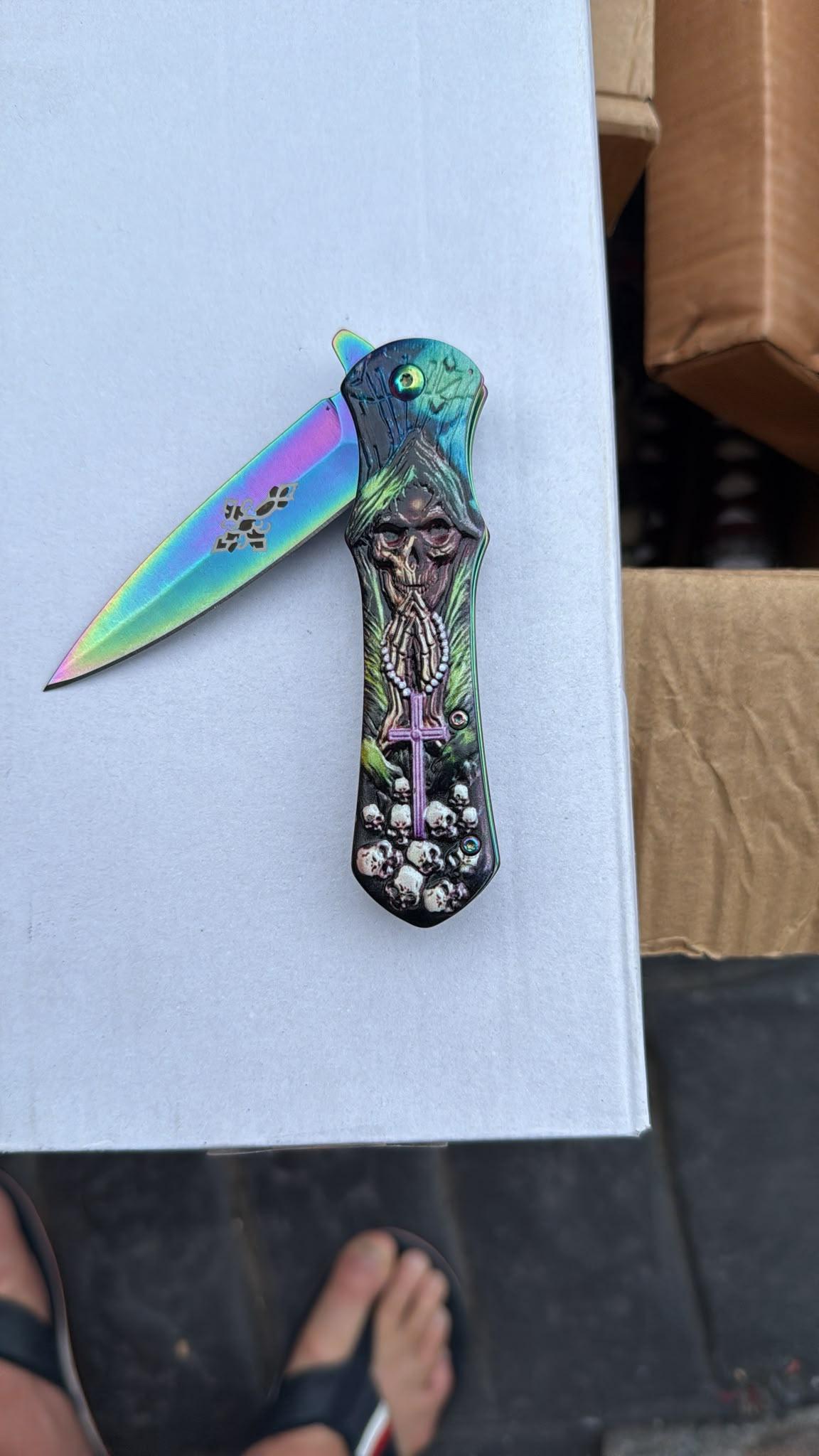 Rainbow Titanium Reaper-Handle Folding Knife