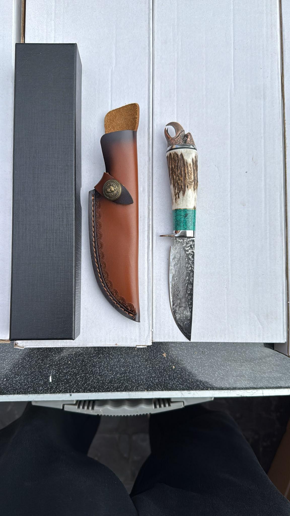 Stag-Handle Outdoor Knife with Leather Sheath (Boxed)
