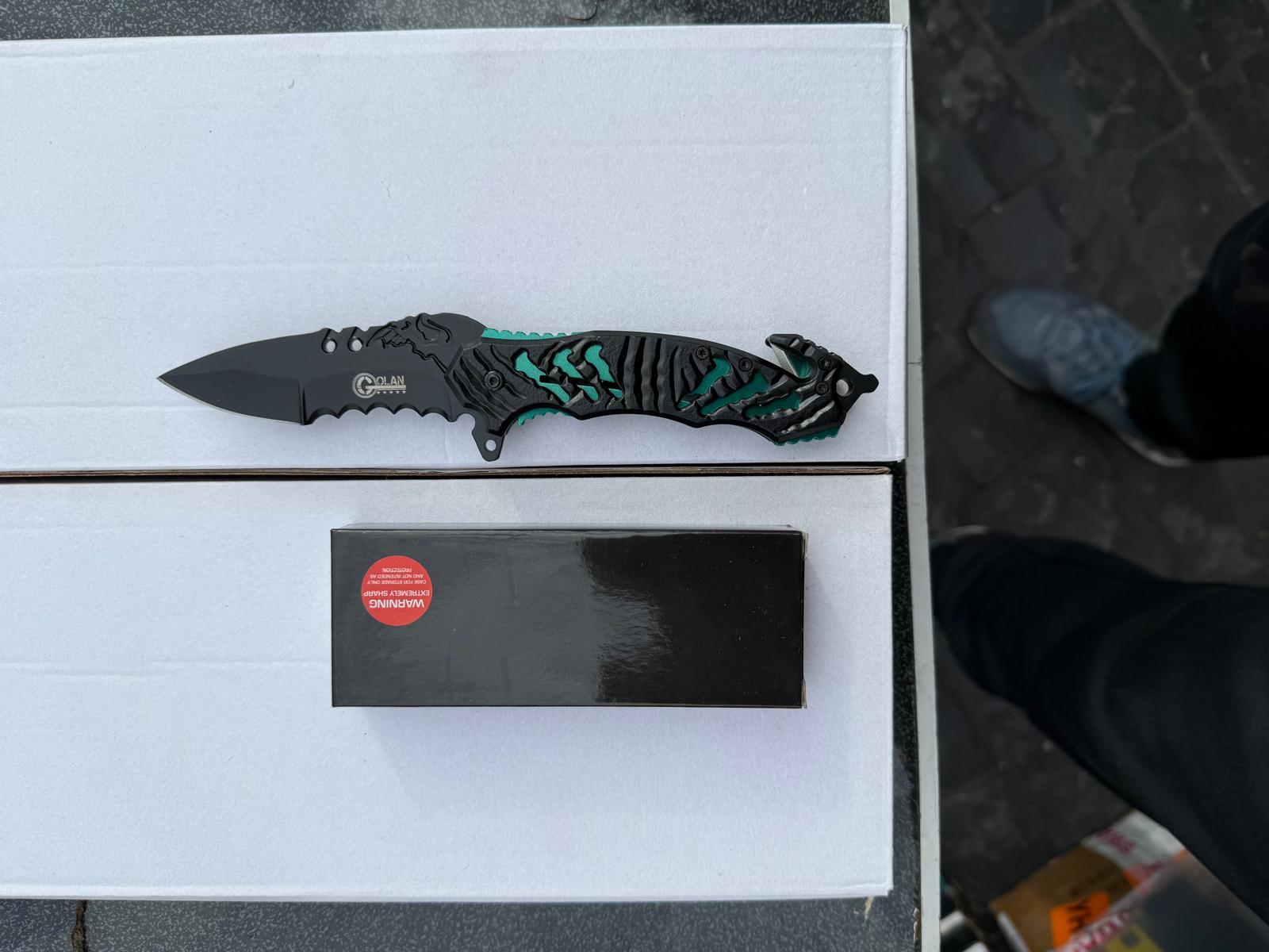 Teal/Green Skull-Print Stiletto Knife