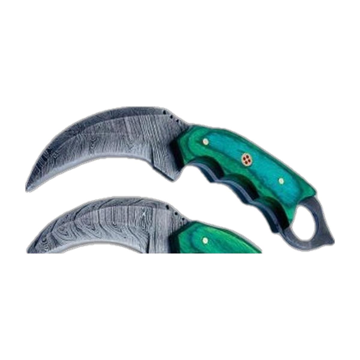 Curved Damascus Folder — Green Pakka Wood Handle