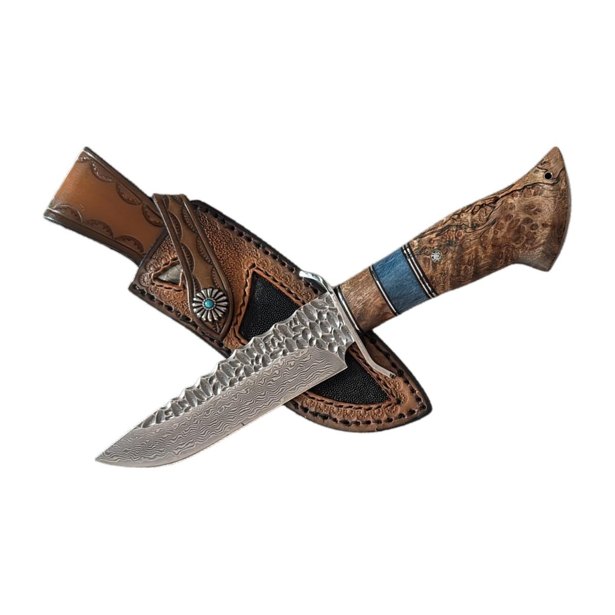 Damascus Outdoor Knife with Blue Accent Handle