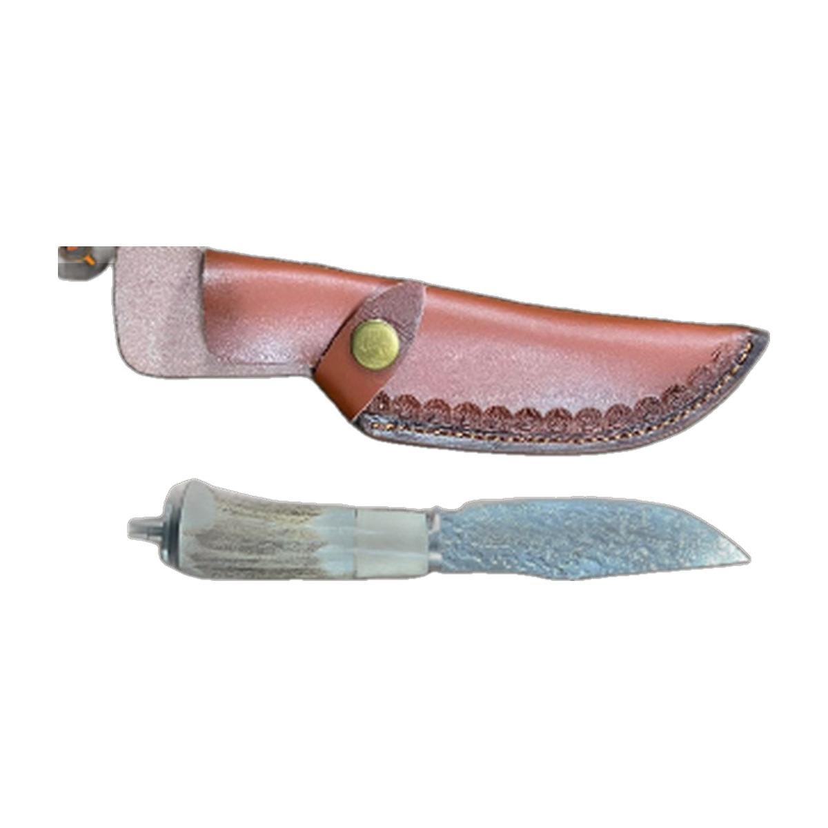 Damascus-Pattern Antler-Handle Fixed-Blade Knife