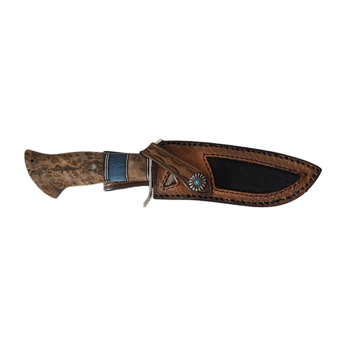 Damascus Wood-Handle Outdoor Knife with Leather Sheath