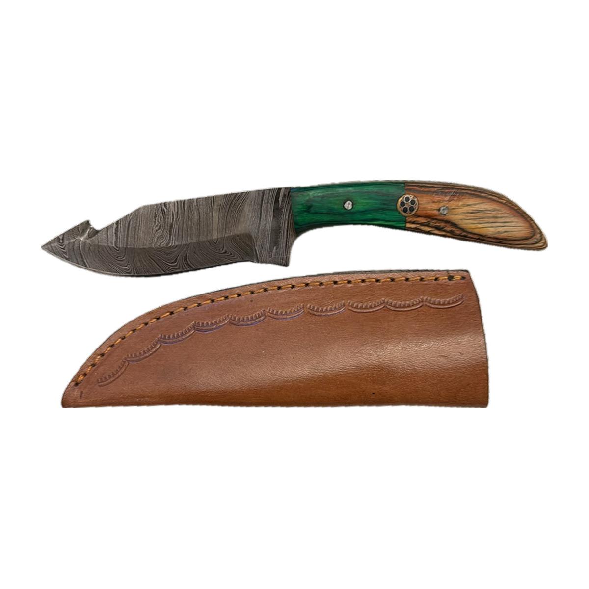 Green Wood-Handle Outdoor Knife with Leather Sheath