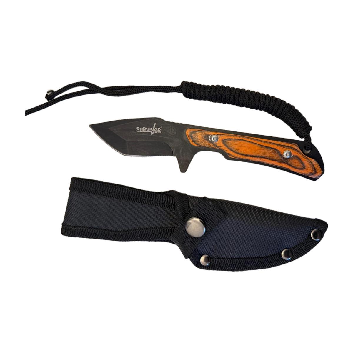 Orange Wood-Handle Bushcraft Knife with Paracord & Sheath