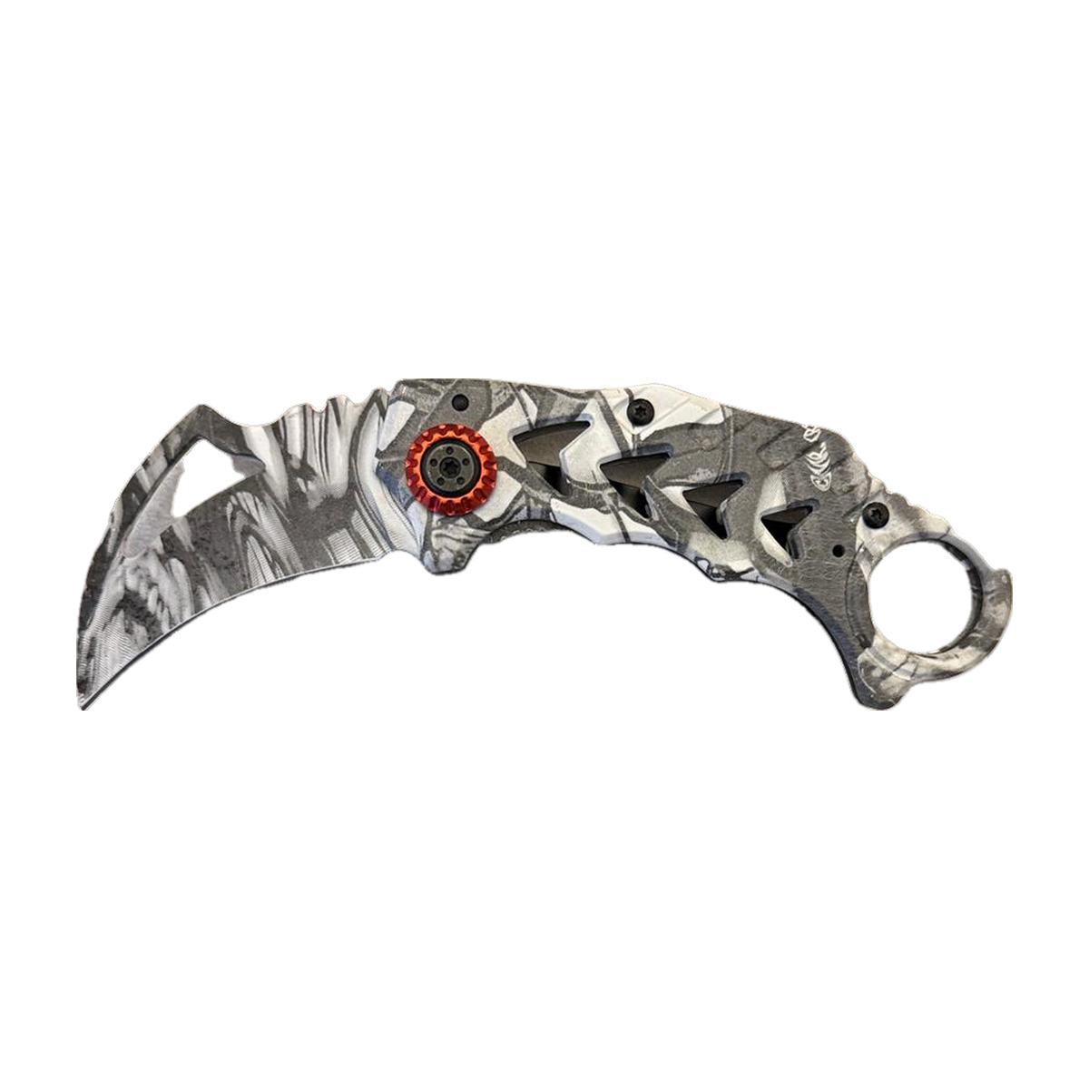 Silver Gothic-Face Curved-Blade Folder with Red Gem